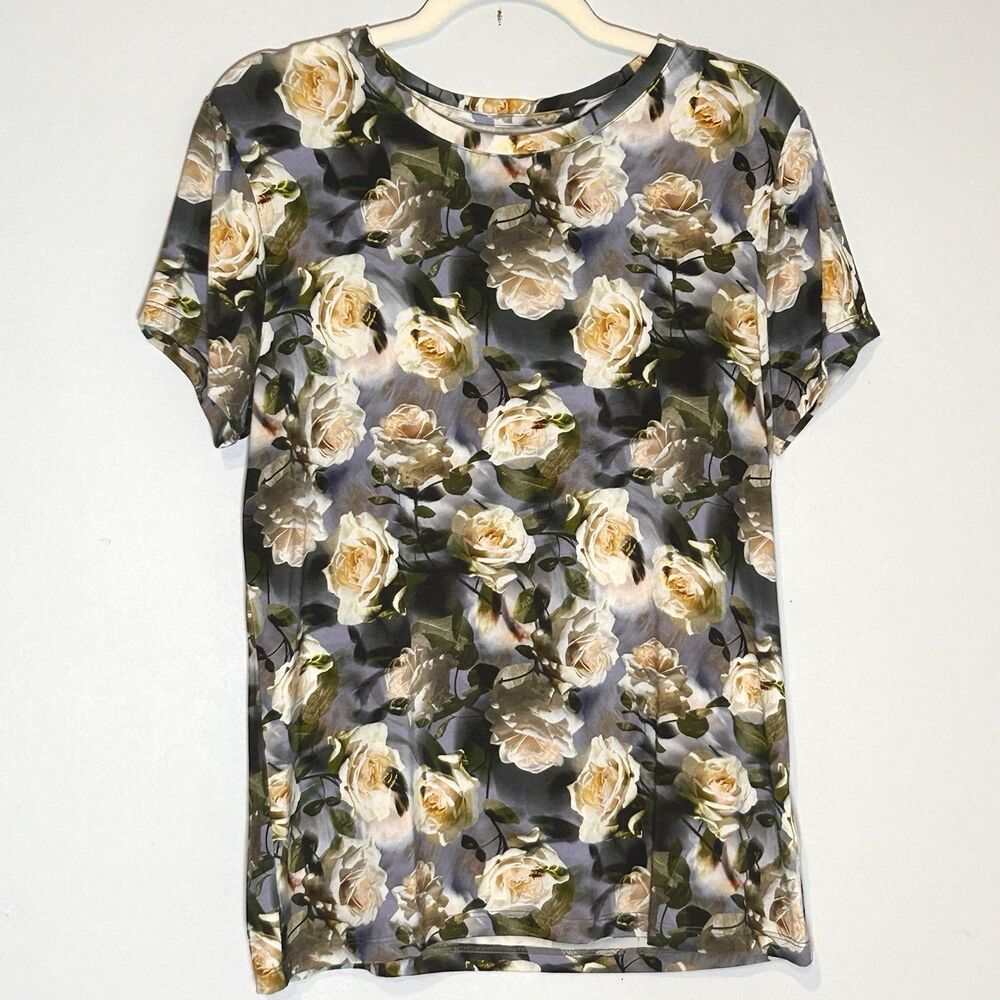 L’AGENCE Ressi Tee XL Gray Yellow Rose Floral Stretch Fitted Top - Picture 1 of 7